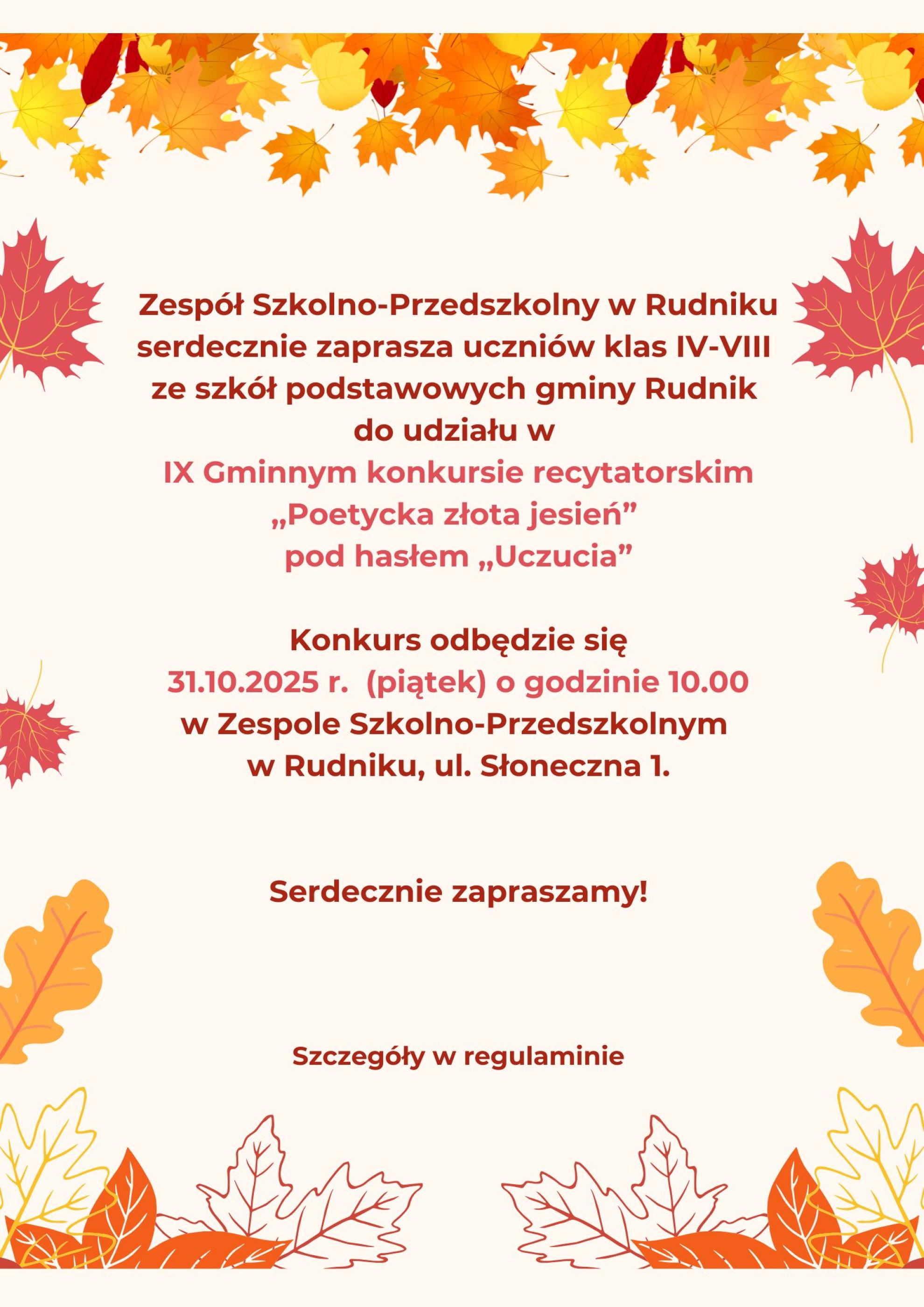 Zaproszenie na IX Gminny konkurs recytatorski do ZSP w Rudniku