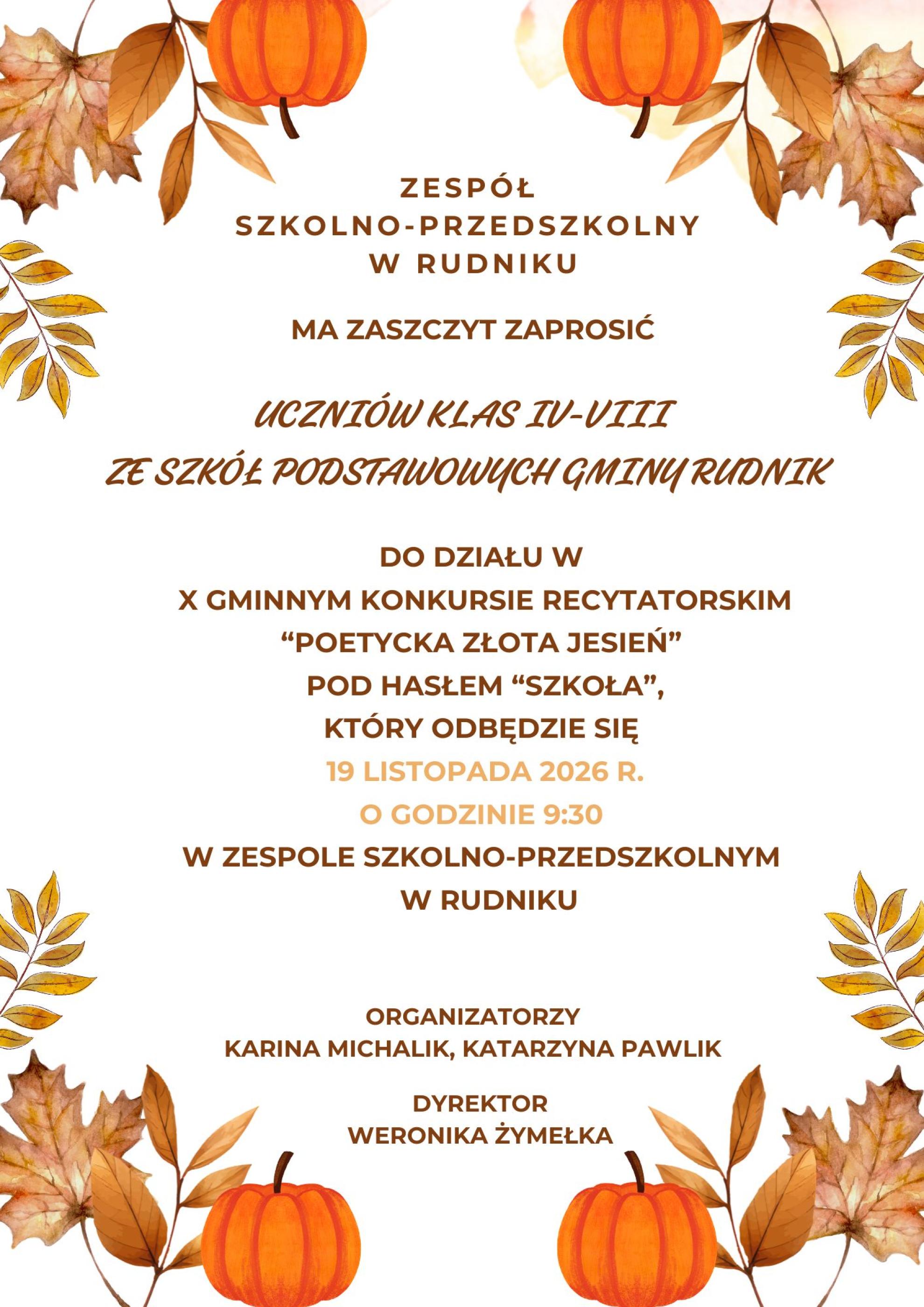  X Gminny Konkurs Recytatorski „Poetycka złota jesień” pod patronatem Wójta Gminy Rudnik